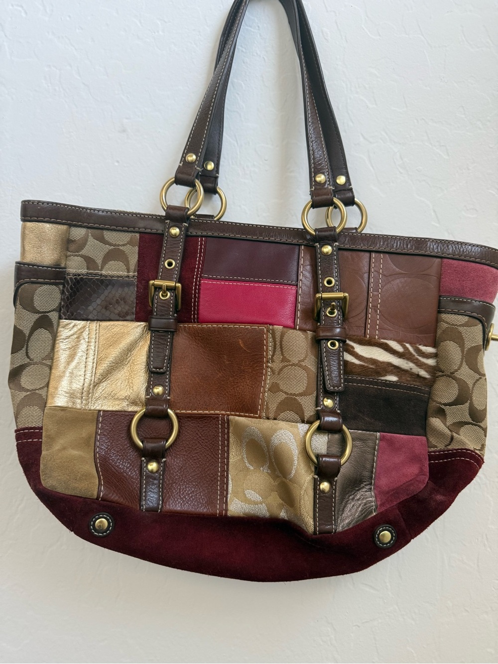 Coach Patchwork Patch-Panel Tote in Burgundy, Brown and Gold